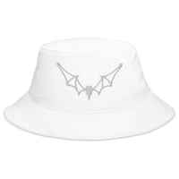 White bucket hat with Flying Vampire Frame Bat embroidered artwork, front view