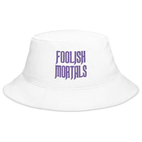 White bucket hat with Foolish Mortals Haunted Mansion embroidered artwork, front view