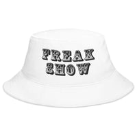 White bucket hat with Freak Show embroidered artwork, front view