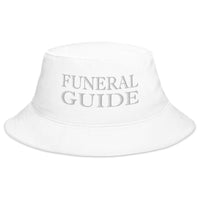 White bucket hat with Funeral Guide embroidered artwork, front view
