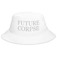 White bucket hat with Future Corpse embroidered artwork, front view