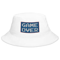 White bucket hat with Game Over 8 Bit embroidered artwork, front view