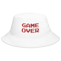 White bucket hat with Red Game Over 8 Bit embroidered artwork, front view