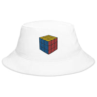 White bucket hat with Gaming Speed Cube Puzzle Box embroidered artwork, front view