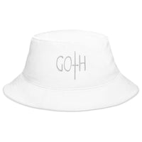 White bucket hat with Goth Dark and Morbid Style Halloween Celebration embroidered artwork, front view