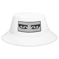 White bucket hat with Goth Eyes Siouxsie and the Banshees embroidered artwork, front view