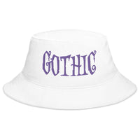 White bucket hat with Purple Gothic Dramatic Style embroidered artwork, front view