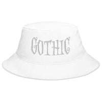 White bucket hat with White Gothic Dramatic Style embroidered artwork, front view