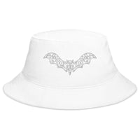 White bucket hat with Gothic Vine Wrought Iron Bat embroidered artwork, front view
