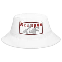 White bucket hat with Gruss Vom Krampus embroidered artwork, front view