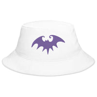 White bucket hat with Purple Halloween Gothic Vampire Bat embroidered artwork, front view