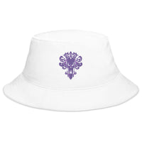 White bucket hat with Haunted Mansion Demon Wallpaper embroidered artwork, front view
