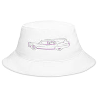 White bucket hat with Hearse Funeral Car embroidered artwork, front view