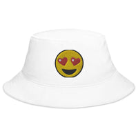 White bucket hat with Heart-Eyes Emoji embroidered artwork, front view