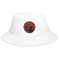 White bucket hat with Horned Krampus embroidered artwork, front view