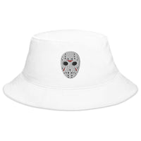White bucket hat with Horror Hockey Mask Jason Voorhees embroidered artwork, front view