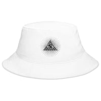 White bucket hat with Illuminati All Seeing Psychic Eye embroidered artwork, front view