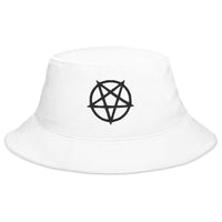 White bucket hat with Black Inverted Pentagram Occult Symbol embroidered artwork, front view