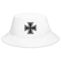 White bucket hat with Iron Cross Occult Symbol World War II Style embroidered artwork, front view