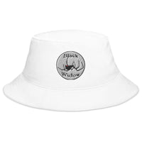White bucket hat with Latrodectus Black Widow Spider embroidered artwork, front view