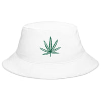 White bucket hat with Legalize Marijuana Cannabis Pot Leaf embroidered artwork, front view