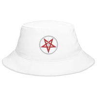 White bucket hat with Lightning Bolt Inverted Pentagram Occult Symbol embroidered artwork, front view