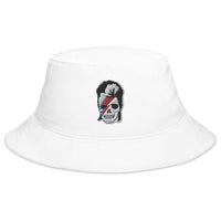 White bucket hat with Lightning Bolt Skull David Bowie embroidered artwork, front view