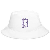 White bucket hat with Lucky Number 13 Goth Halloween # Thirteen embroidered artwork, front view