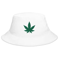 White bucket hat with Marijuana Leaf Cannabis Plant embroidered artwork, front view