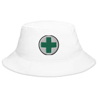 White bucket hat with Medical Marijuana Symbol embroidered artwork, front view