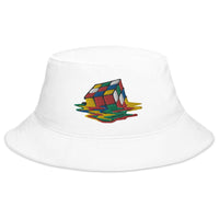 White bucket hat with Melting Speed Cube Gaming Puzzle Box embroidered artwork, front view