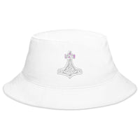 White bucket hat with Mighty Thor's Hammer Mjolnir embroidered artwork, front view