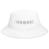 White bucket hat with Moon Phases Lunar Cycle to Full Moon embroidered artwork, front view
