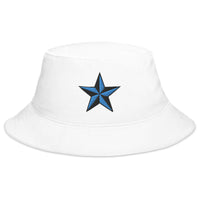 White bucket hat with Blue Nautical Star North Star embroidered artwork, front view
