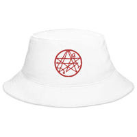 White bucket hat with Necronomicon Symbol The Book of Dead embroidered artwork, front view