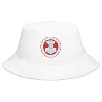 White bucket hat with Odin Hammer Viking Runes embroidered artwork, front view