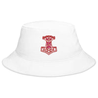White bucket hat with Odin War Hammer embroidered artwork, front view