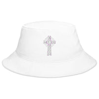 White bucket hat with Old Celtic Cross Circle of Light embroidered artwork, front view