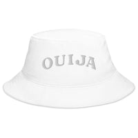 White bucket hat with Ouija Spirit Board Words embroidered artwork, front view
