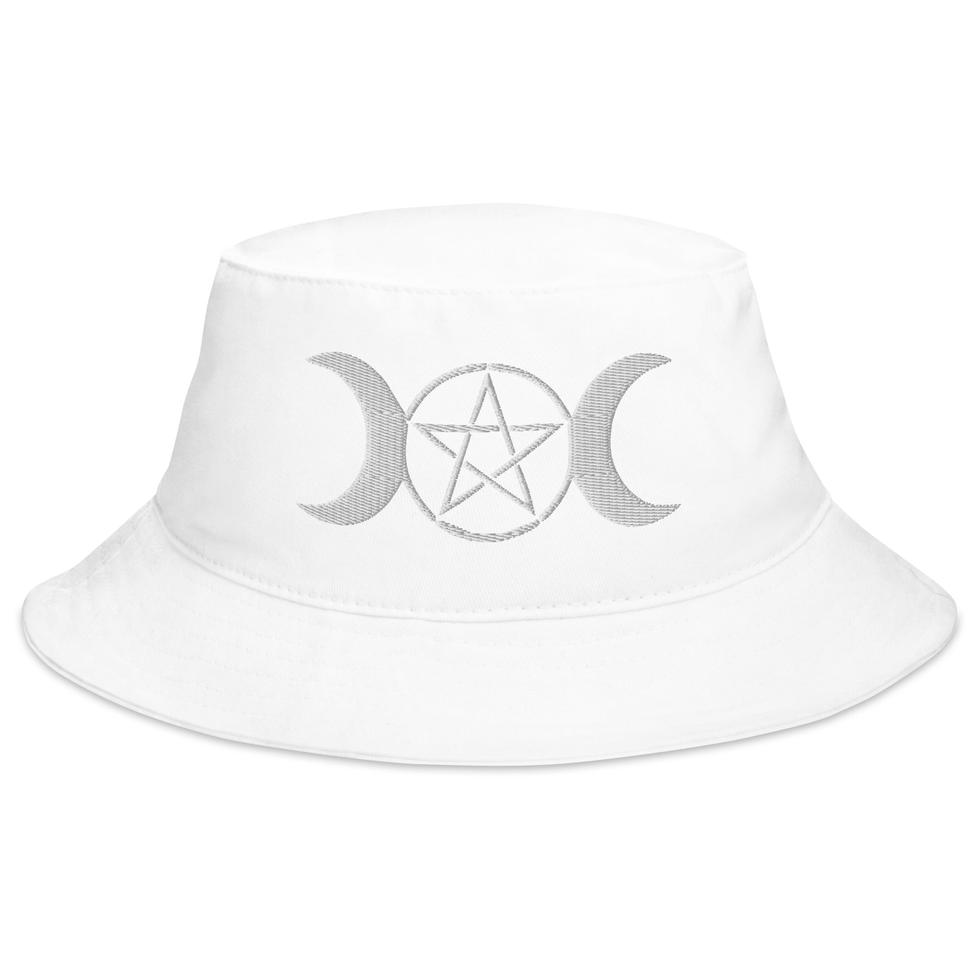 White Pagan Triple Moon Goddess Embroidered Bucket Hat Wiccan Pentagram
