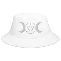 White bucket hat with White Pagan Triple Moon Goddess embroidered artwork, front view