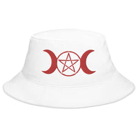 White bucket hat with Red Pagan Triple Moon Goddess embroidered artwork, front view