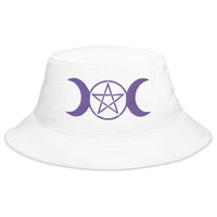 White bucket hat with Purple Pagan Triple Moon Goddess embroidered artwork, front view