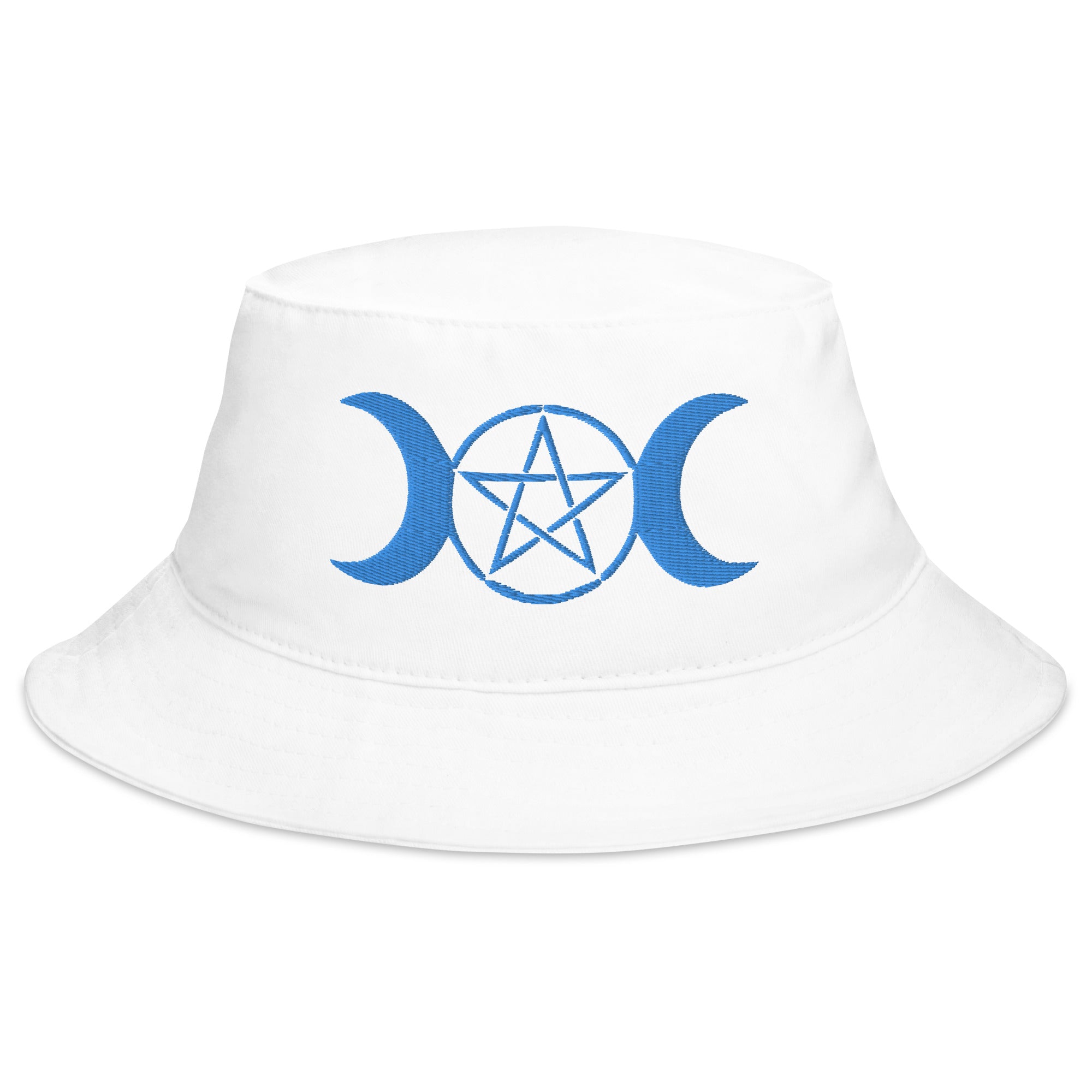 Blue Pagan Triple Moon Goddess Embroidered Bucket Hat Wiccan Pentagram