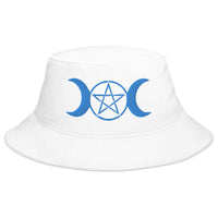 White bucket hat with Blue Pagan Triple Moon Goddess embroidered artwork, front view