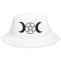 White bucket hat with Black Pagan Triple Moon Goddess embroidered artwork, front view