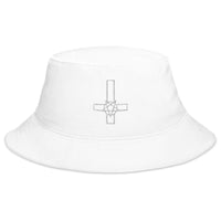 White bucket hat with Pentacross Inverted Pentagram Cross embroidered artwork, front view