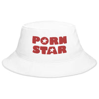 White bucket hat with Red Porn Star Logo embroidered artwork, front view