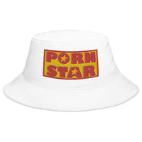 White bucket hat with Occupation Porn Star Logo embroidered artwork, front view