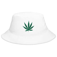 White bucket hat with Pot Leaf Marijuana embroidered artwork, front view